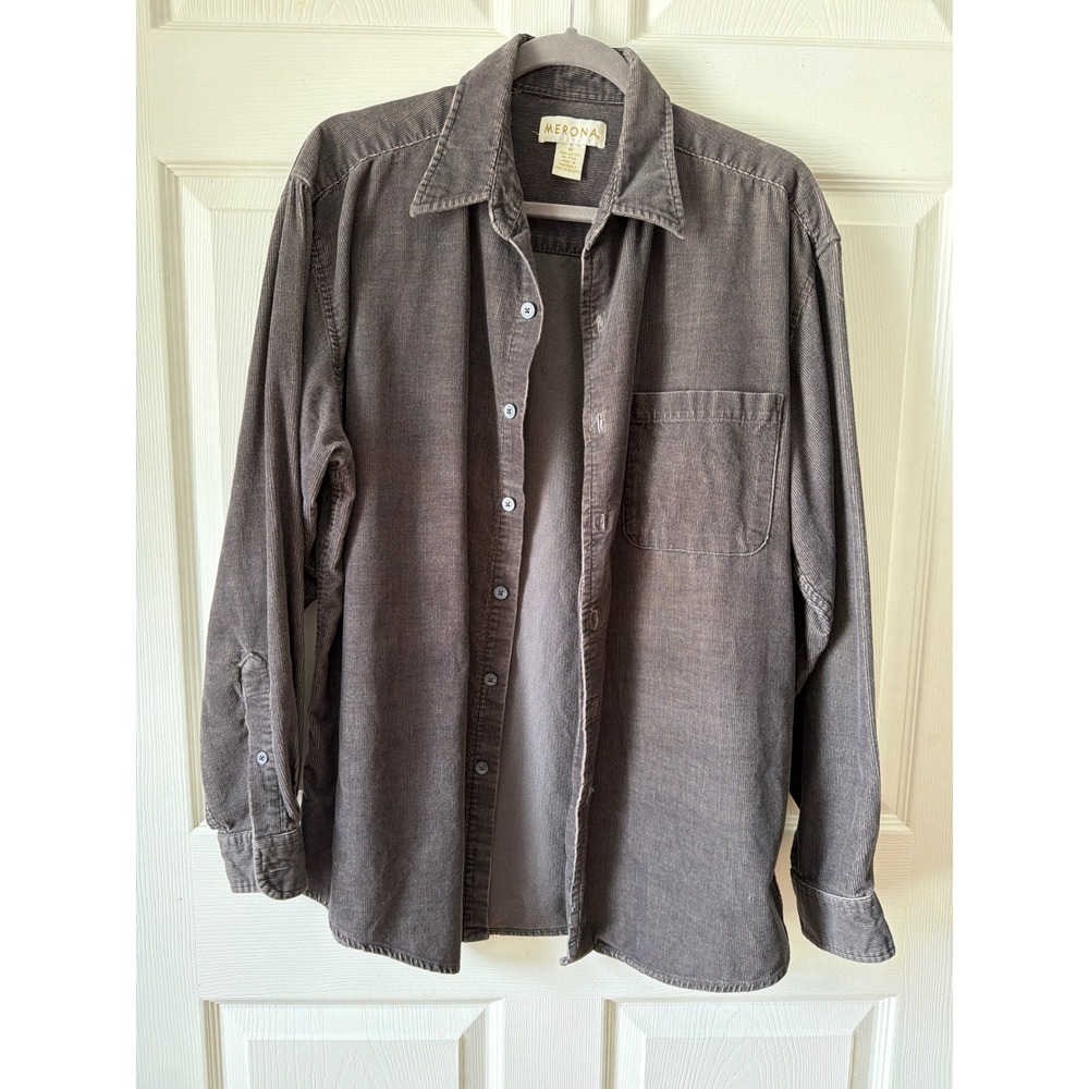 Merona Corduroy Shirt Mens M Gray Wide Wale Oversized Vintage 90s Y2K Button
